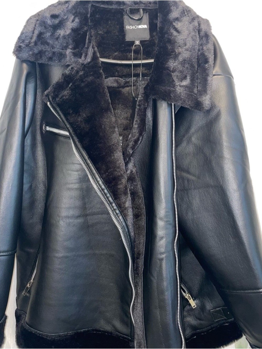 Fashion Nova Black Faux Leather Shearling Moto Jacket